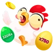 Gallina cartoon circondata da monete e uova colorate, simbolo dell`alto RTP del gioco.